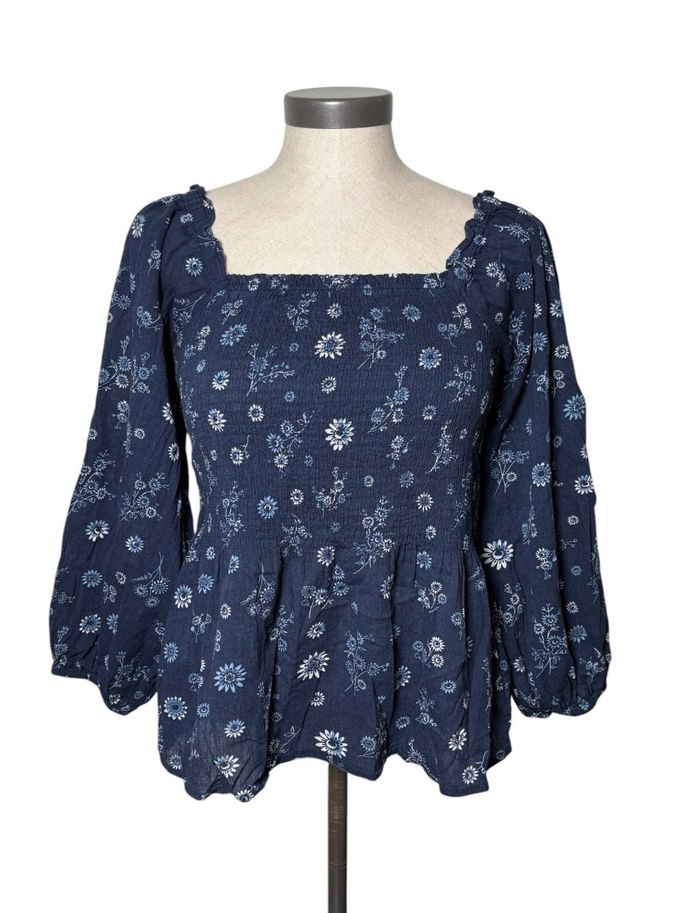 Madewell Lucie Blue Floral Smocked Peplum Blouse Size 2 Cottagecore Cotton